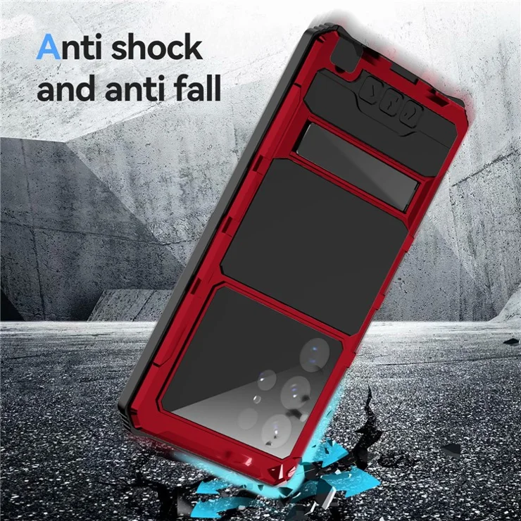 R-JUST For Samsung Galaxy S22 Ultra 5G IP54 Waterproof Phone Case Anti-Dust PC+Silicone+Metal Kickstand Cover with Tempered Glass Film - Red
