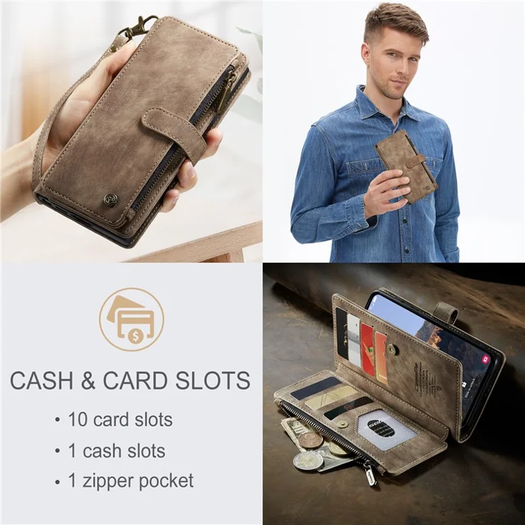 CASEME C30 Series for Samsung Galaxy A24 4G (162.1 x 77.6 x 8.3mm) PU Leather Stand Phone Case Zipper 10 Card Slots Wallet Cover - Brown