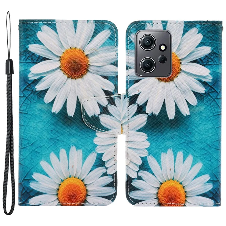 For Xiaomi Redmi Note 12 4G PU Leather Flip Cover Pattern Printing Protective Wallet Phone Case with Strap - Chrysanthemum