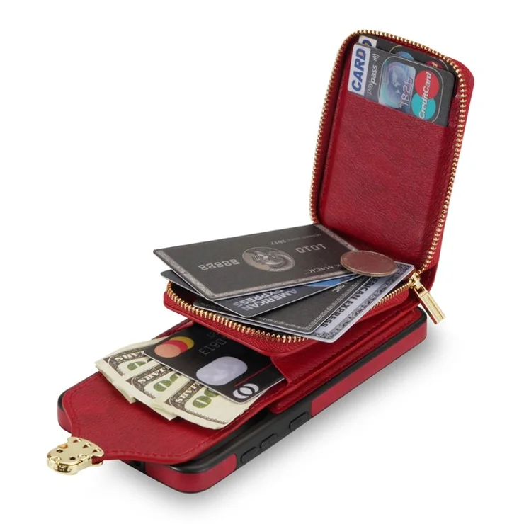 Zipper Phone Case for Samsung Galaxy A13 4G / 5G / A04s 4G / A04 4G / M13 5G , PU Leather Coated TPU Card Holder Kickstand Cover - Red