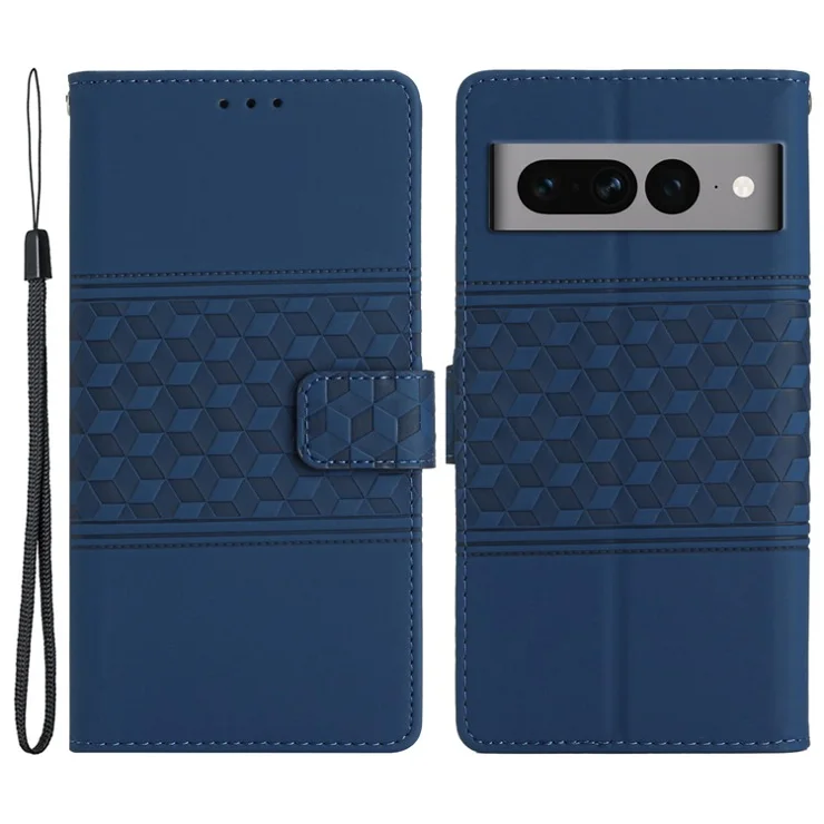 Stand Wallet Phone Case for Google Pixel 7 Pro 5G , PU Leather Imprinted Rhombus Protective Cover - Blue