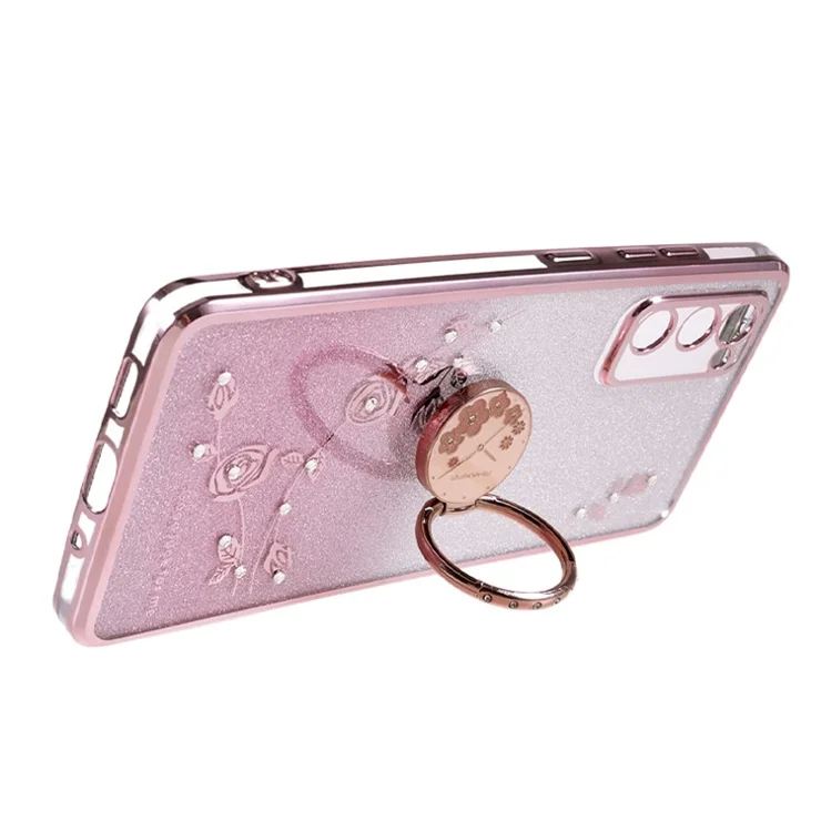 KADEM For Samsung Galaxy S20 FE / FE 5G / FE 2022 / S20 Lite Rhinestone Kickstand Phone Case Flower Pattern Gradient Glitter TPU Cover - Rose Gold