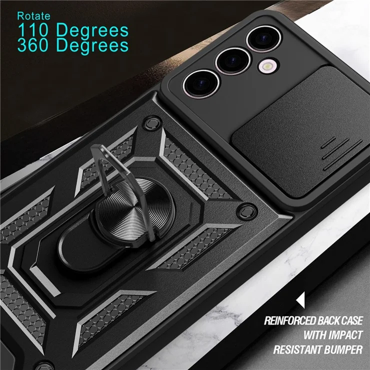 For Samsung Galaxy A24 4G (162.1 x 77.6 x 8.3mm) Shockproof Kickstand PC+TPU Phone Case Slide Lens Protection Cover - Gold