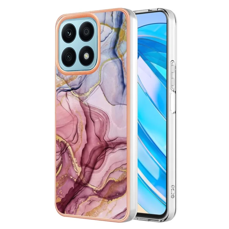 YB IMD Series-16 Style E For Honor X8a 4G IMD Marble Pattern Phone Case Electroplating 2.0mm Phone TPU Cover - Rose Gold