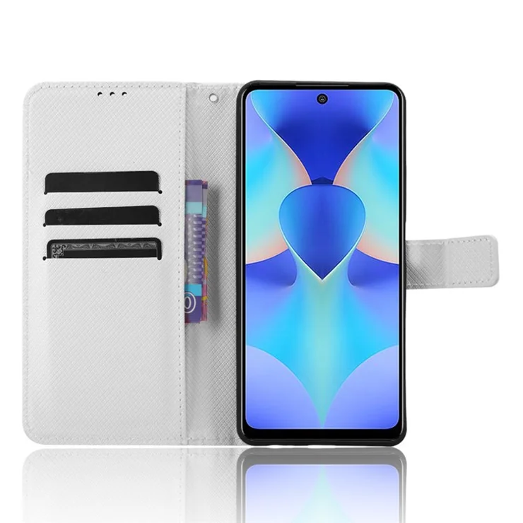 For TECNO Spark 10 Pro / KI7 Leather Folio Flip Cover Protective Phone Case Diamond Texture Wallet Case - White