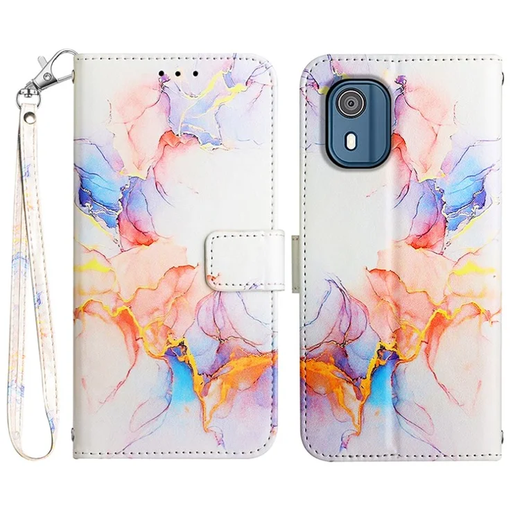 For Nokia C02 (TA-1522) Case with Strap Marble Pattern Leather Phone Cover Card Holder - Milky Way Marble White LS004