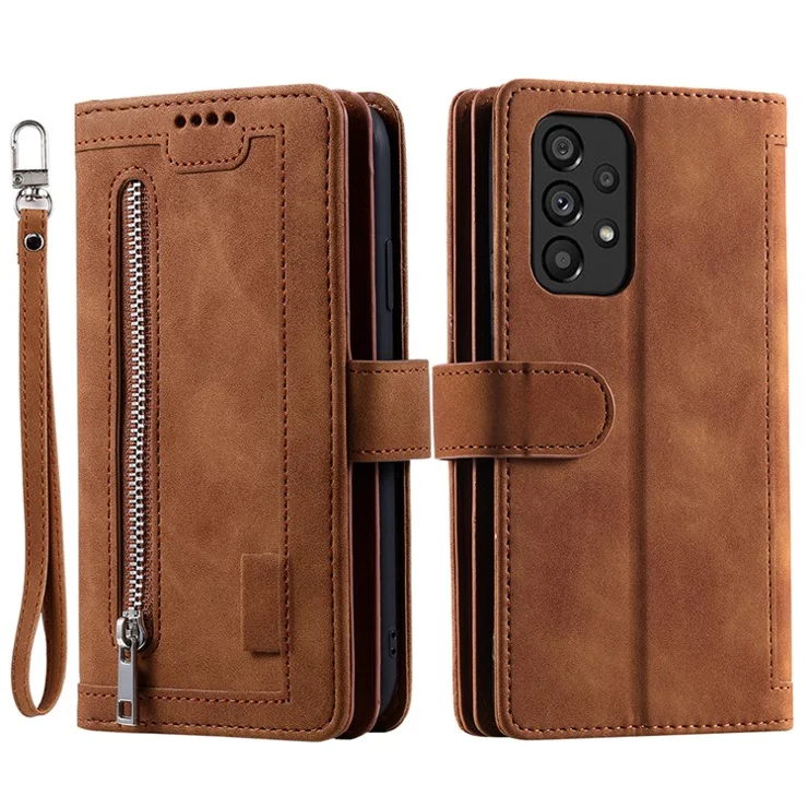 PU Leather Phone Case For Samsung Galaxy A33 5G , Zipper Pocket 9 Card Slots Phone Shell Cover - Brown