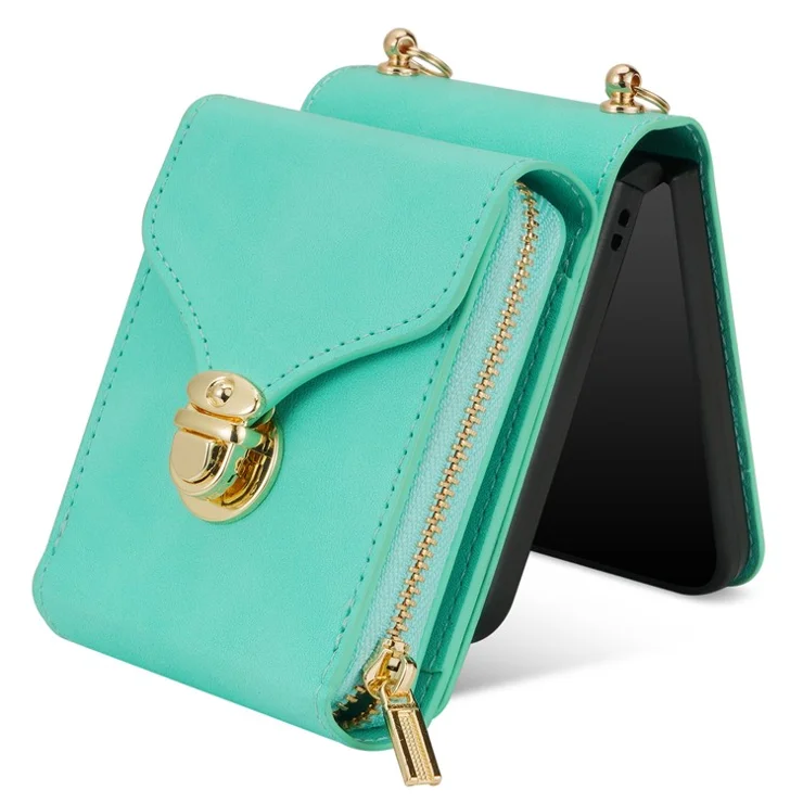 For Samsung Galaxy Z Flip3 5G Zipper Card Bag Phone Case Leather+TPU+PC Cover with Shoulder Strap - Mint Green