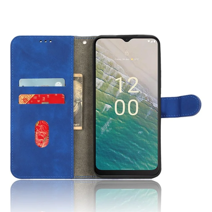 For Nokia C32 Anti-Drop Wallet Phone Case Skin-Touch Protective PU Leather Phone Cover with Stand - Blue