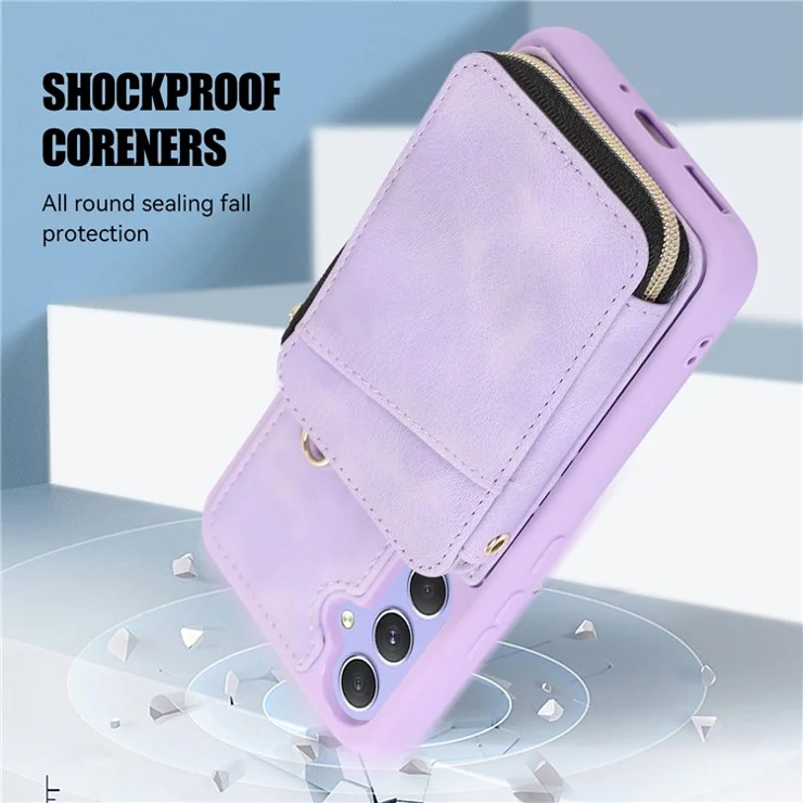 For Samsung Galaxy A14 5G / 4G Leather TPU Phone Case Zipper Card Bag Kickstand Phone Cover with Straps - Purple