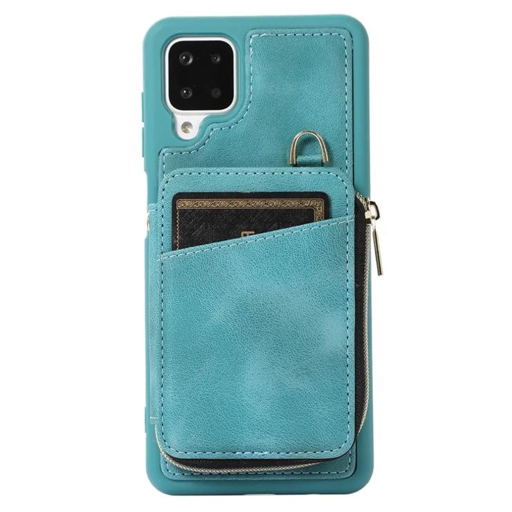 For Samsung Galaxy A12 Card Holder Slots Zipper Pocket Case PU Leather Coated TPU Kickstand Phone Cover - Green