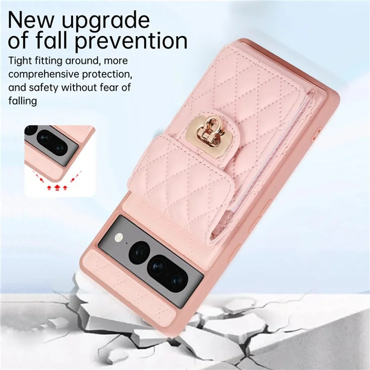 For Google Pixel 7 Pro 5G Crossbody Card Slot Bag Phone Case PU Leather+TPU Protective Kickstand Cover - Pink