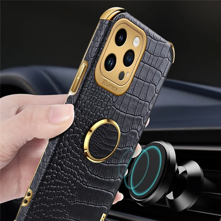 6D Electroplating Phone Case for iPhone 14 Pro Max , Crocodile Texture PU Leather Coated TPU Cover with Kickstand - Yellow