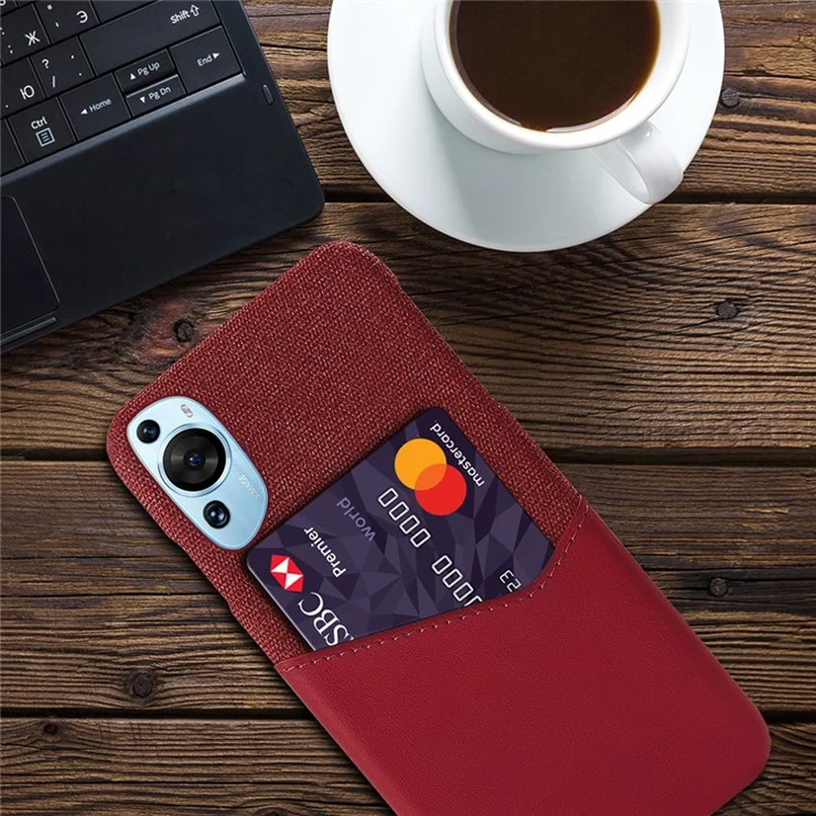 For Huawei P60 Art Cloth Texture Card Holder Phone Case Leather Coated Hard PC Cover - Red