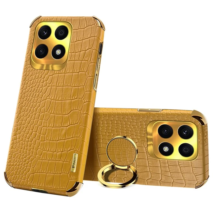 Ring Kickstand Case for Honor X8a 4G Crocodile Texture Leather Coated TPU 6D Electroplating Phone Cover - Yellow