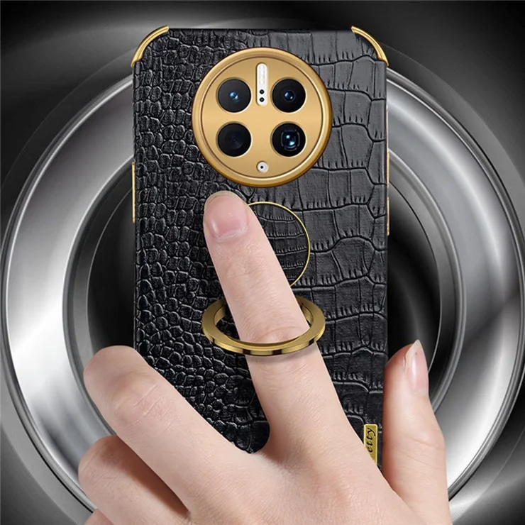 For Huawei Mate 50 Pro 4G Crocodile Texture Ring Kickstand Case 6D Electroplated Leather Coated TPU Phone Cover - Yellow