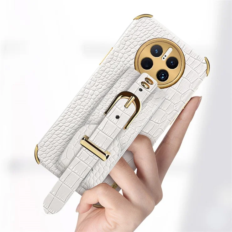 Crocodile Texture Phone Case for Huawei Mate 50 Pro 4G Electroplating Shockproof Case with Hand Strap Kickstand - Green