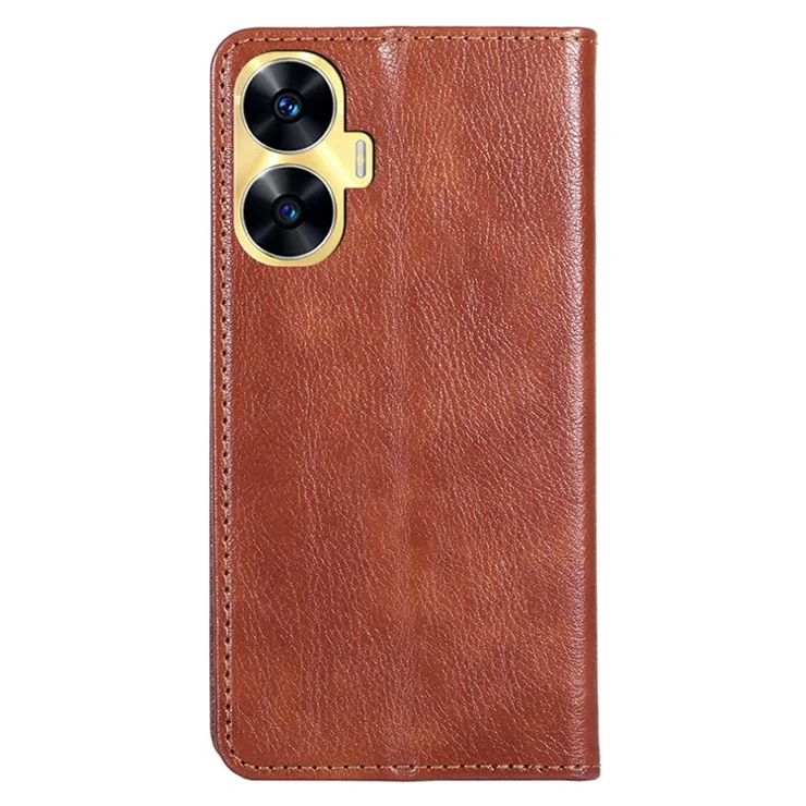 For Realme C55 PU Leather Wallet Phone Case Magnetic Auto-closing Shockproof Stand Cover - Brown