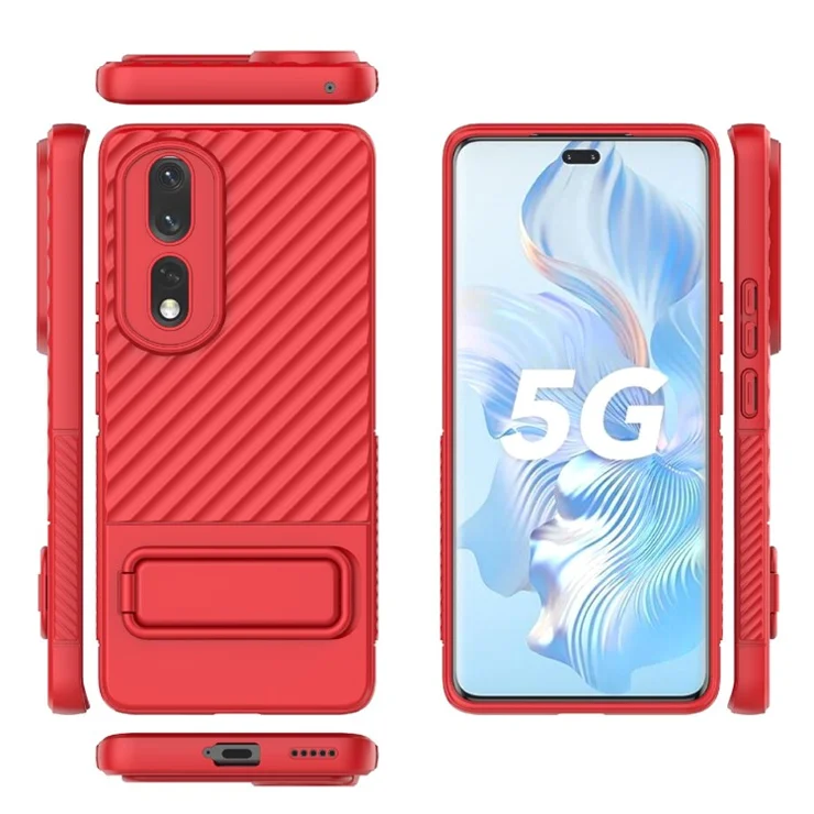 Rugged TPU Phone Case for Honor 80 Pro 5G Anti-Drop Shockproof Kickstand Phone Cover - Red