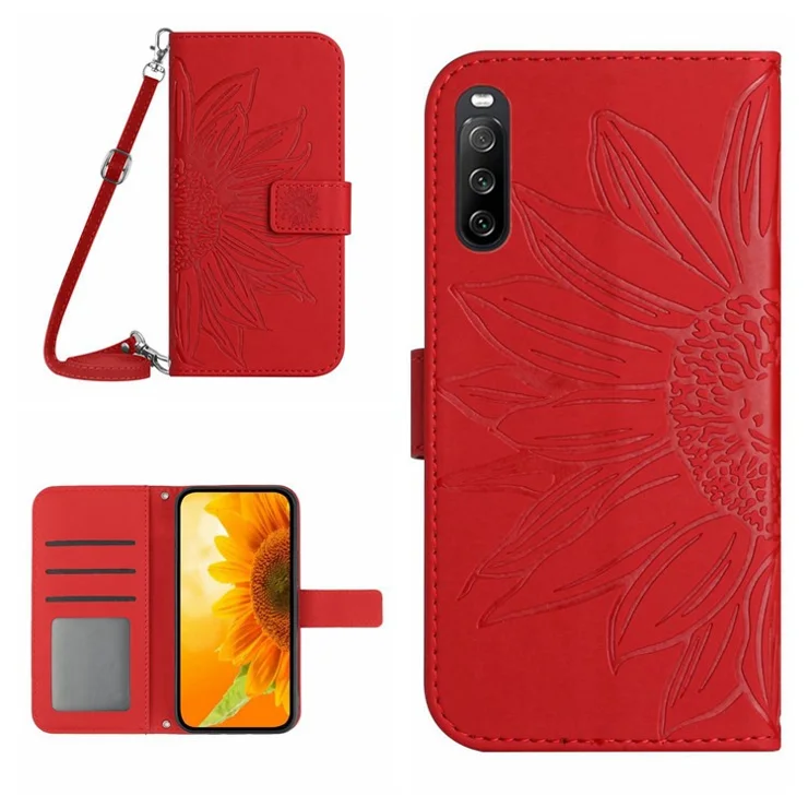 HT04 PU Leather Case for Sony Xperia 10 V , Sunflower Pattern Wallet Stand Phone Cover with Shoulder Strap - Red