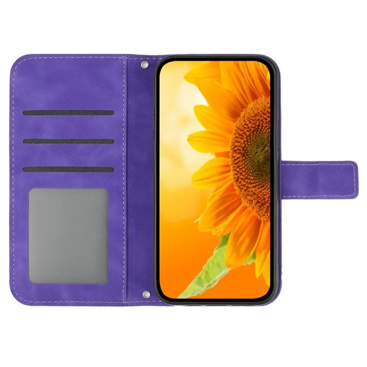 HT04 For Sony Xperia 10 V Sunflower Imprinted Phone Cover Leather Stand Wallet Case with Hand Strap - Dark Purple
