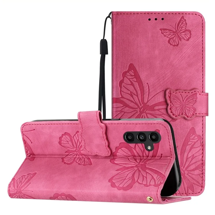 For Samsung Galaxy A34 5G Stand Wallet Phone Cover PU Leather Skin-touch Butterfly Imprinted Case - Rose