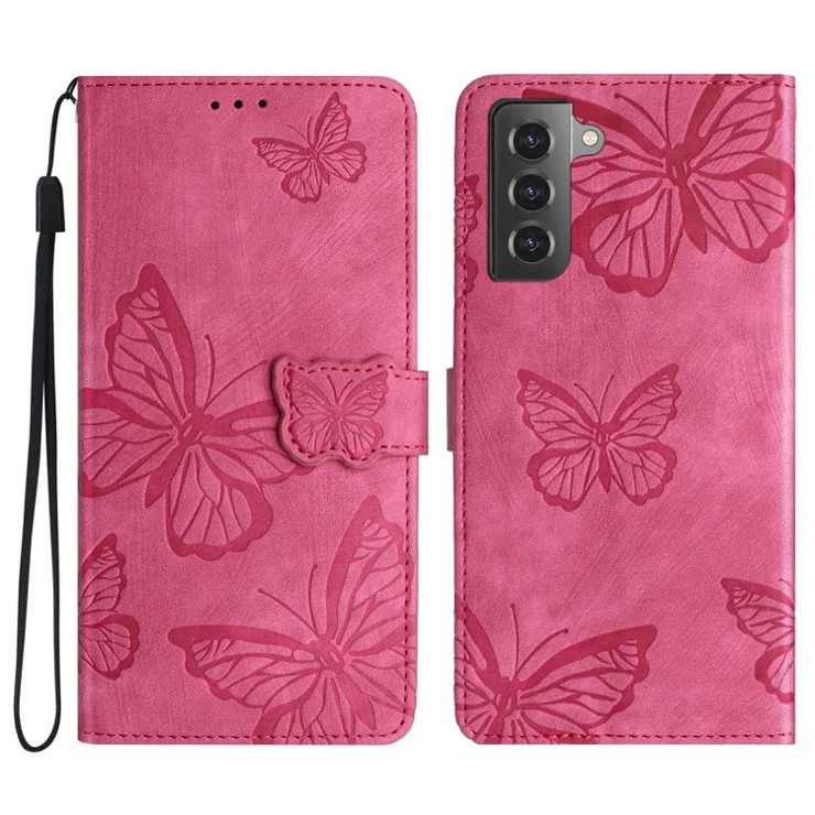 For Samsung Galaxy S22 5G Wallet Phone Case Skin-Touch Leather Cover Butterfly Imprinted Stand Phone Shell - Rose