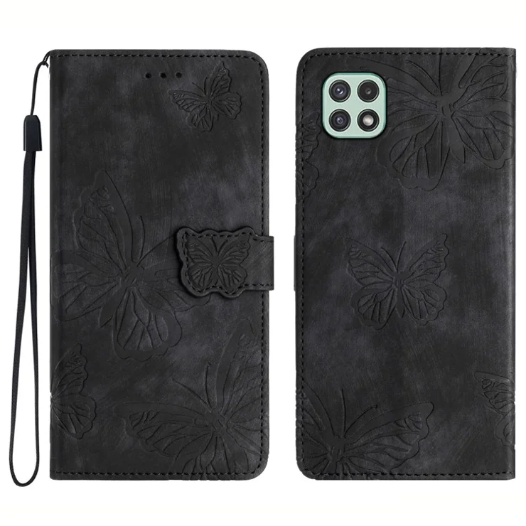 Butterfly Imprinted Shell for Samsung Galaxy A22 5G (EU Version) Stand PU Leather Wallet Skin-touch Phone Cover - Black