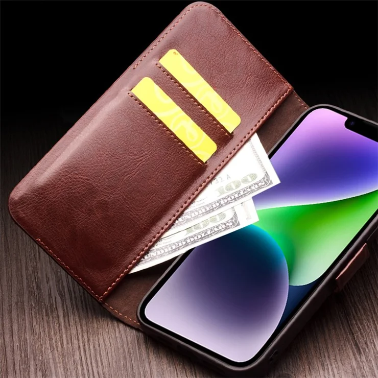QIALINO For iPhone 14 Plus Genuine Cow Leather Case Stand Folio Wallet Phone Cover - Light Brown