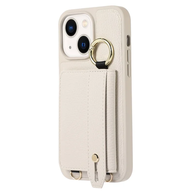 Leather+TPU Cover for iPhone 13 / 14 6.1 inch Card Holder Hand Strap Kickstand Phone Case with Shoulder Strap - White