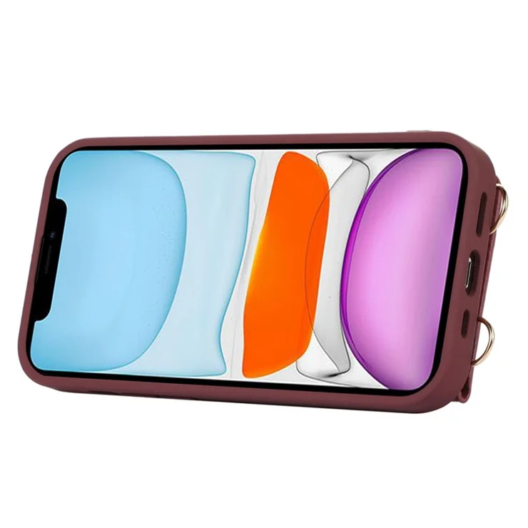 Fall-proof Cover for iPhone 11 6.1 inch Card Holder Hand Strap Leather+TPU Phone Kickstand Case with Shoulder Strap - Plum