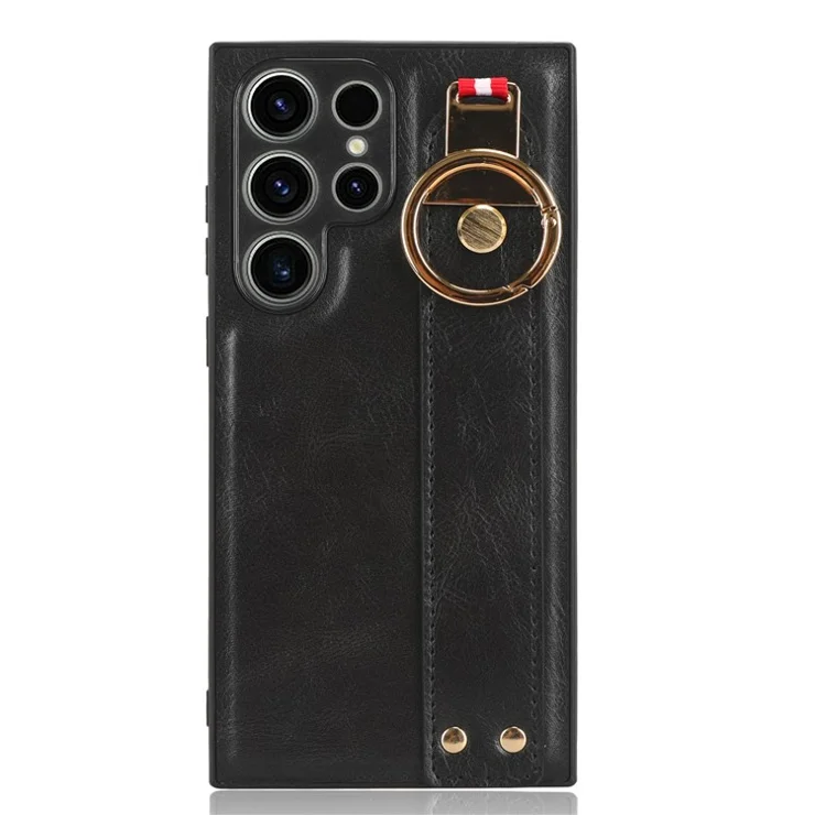For Samsung Galaxy S23 Ultra Wristband Kickstand Leather Coating Phone Cover PC+TPU Case with Neck Strap - Black