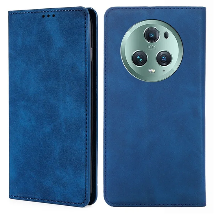 PU Leather Case for Honor Magic5 Pro Card Holder Skin-touch Stand Mobile Phone Cover - Blue