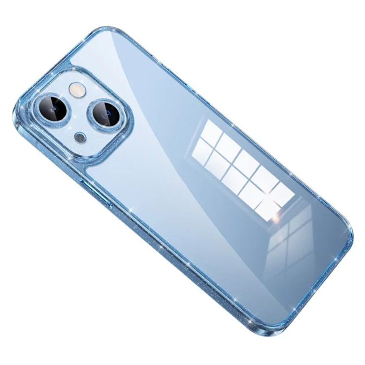 SULADA For iPhone 14 Plus TPU Frame Tempered Glass Back Phone Case Lens Protector Glitter Electroplating Cover - Blue
