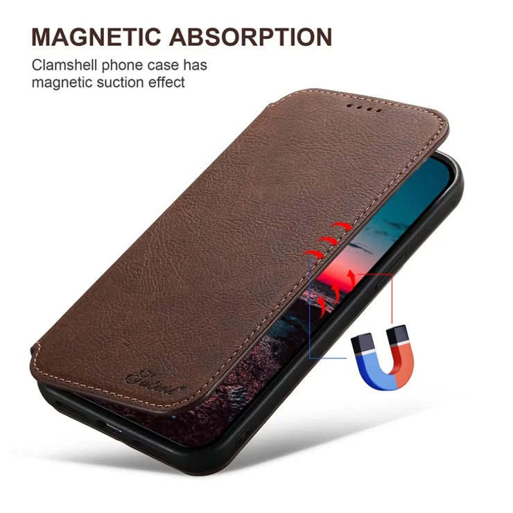 SUTENI J06 For iPhone 14 Pro Max Wallet Case PU Leather Phone Stand Cover Compatible with MagSafe - Brown