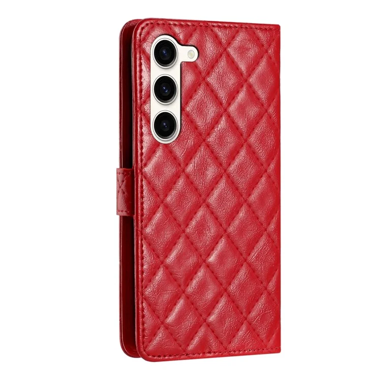 For Samsung Galaxy S23 Wrist Strap Phone Case Stitching Line Rhombus Wallet Stand Cell Phone Cover - Red