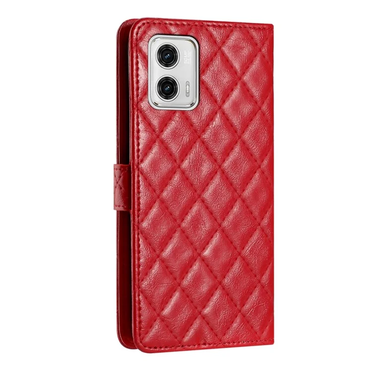 For Motorola Moto G73 5G PU Leather Wallet Phone Cover Stitching Line Rhombus Stand Folio Case - Red