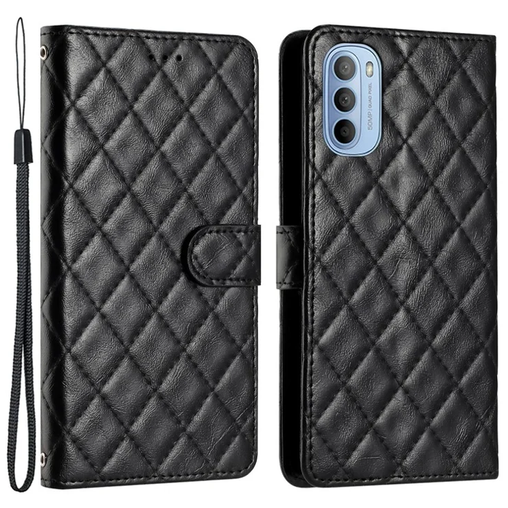 PU Leather Case for Motorola Moto G52 4G / G82 5G , Stitching Line Rhombus Stand Wallet Phone Cover - Black