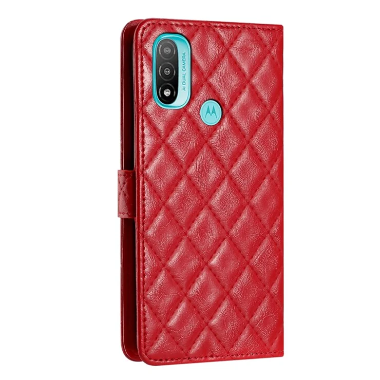 For Motorola Moto E20 / E30 / E40 Phone Case PU Leather Stitching Line Rhombus Wallet Stand Cover - Red