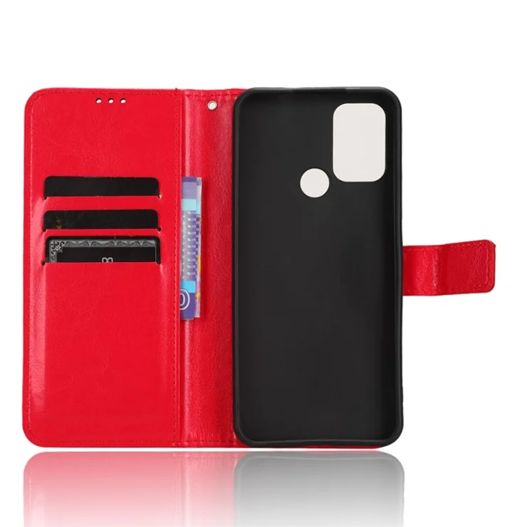 PU Leather Cell Phone Case for Nokia C22 , Wallet Stand Crazy Horse Texture Smartphone Cover - Red