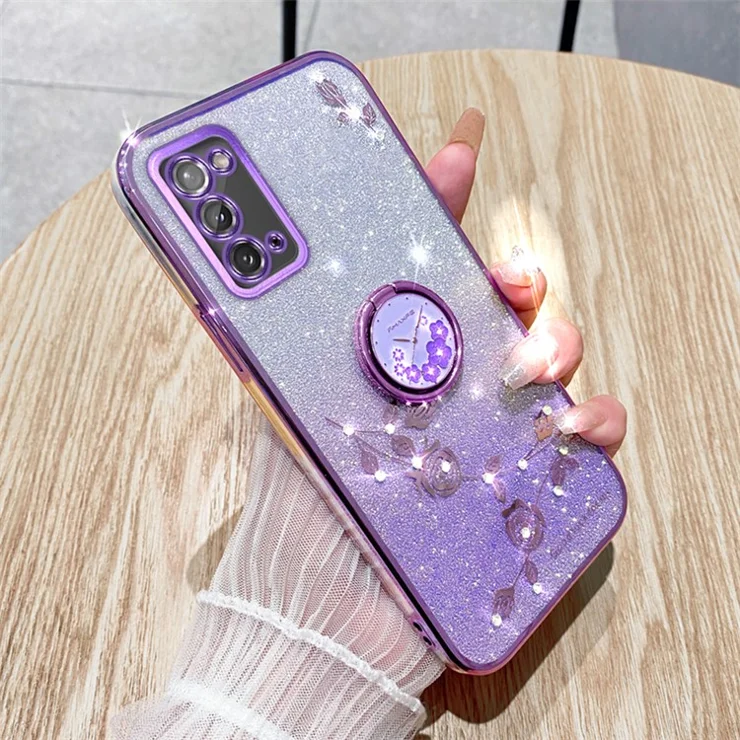 KADEM Flower Pattern Phone Case for Samsung Galaxy A31 Glitter Gradient Soft TPU Cover with Ring Kickstand - Purple