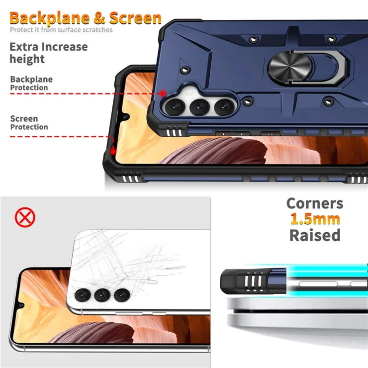 For Samsung Galaxy A34 5G Shockproof TPU+PC Phone Case Ring Kickstand Anti-Scratch Back Cover - Blue