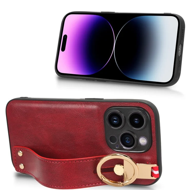 Leather Coated PC+TPU Case for iPhone 14 Pro Max , Wristband Kickstand Anti-drop Cover with Neck Strap - Red