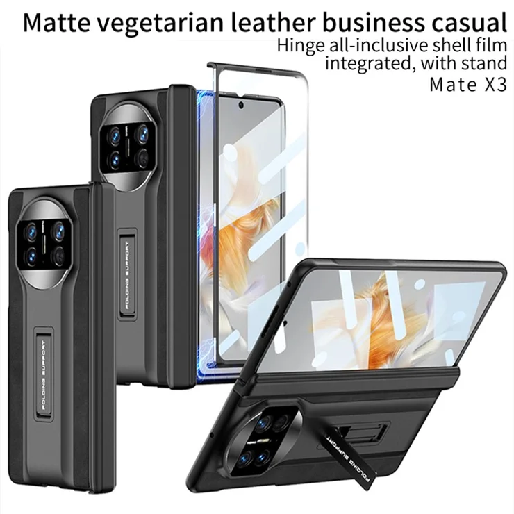 GKK For Huawei Mate X3 5G Hidden Kickstand Case Magnetic Matte Leather Coating PC Cover with HD Glass Screen Film - Black