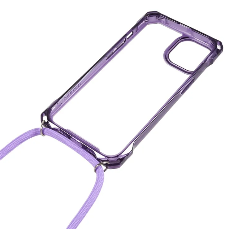 For iPhone 13 Transparent Acrylic Back + TPU Case Anti-drop Phone Cover with Lanyard - Purple