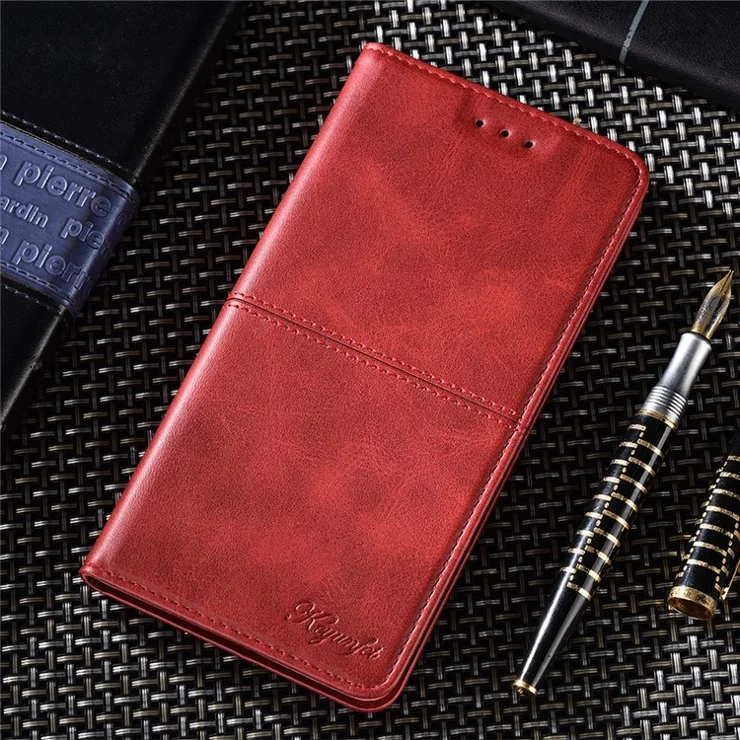For Honor X5 4G Magnetic Closure Cowhide Texture Phone Case Stand Card Holder Leather Phone Cover - Red