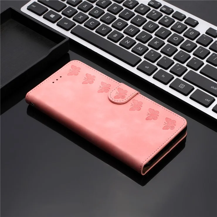 For Motorola Moto G52 4G / G82 5G PU Leather Butterfly Imprinted Stand Shell Wallet Phone Case - Pink