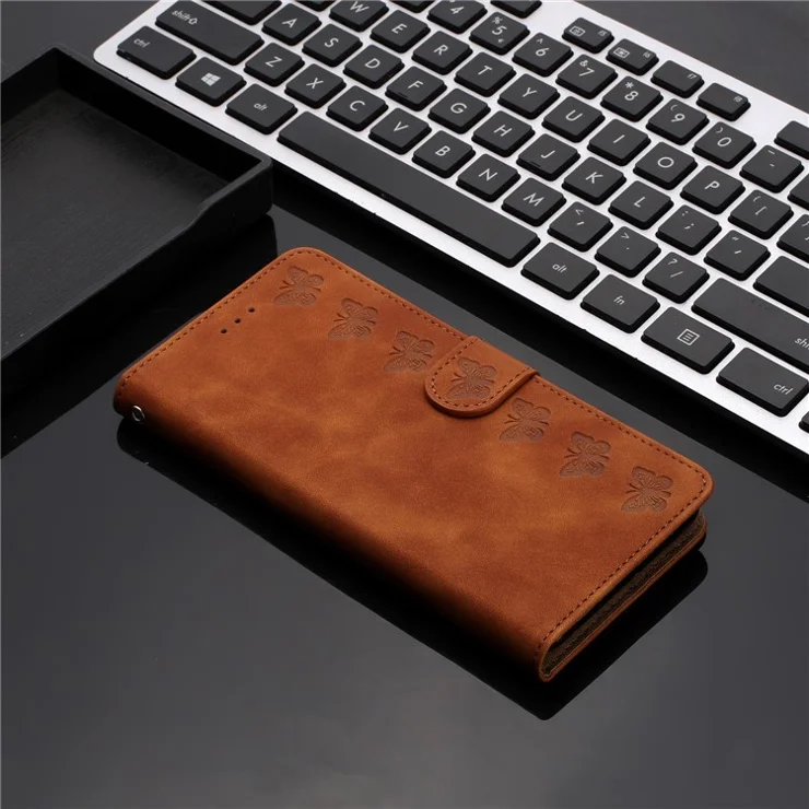 Flip Phone Case for Samsung Galaxy S23 Ultra Butterfly Imprinted Stand PU Leather Shell Wallet Cover - Brown