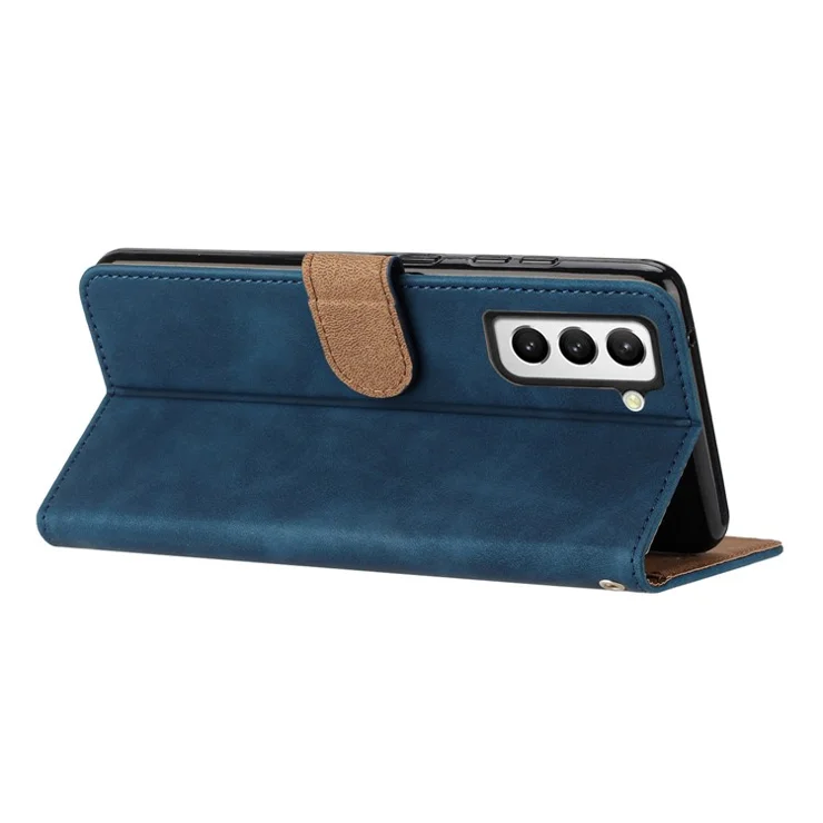 For Samsung Galaxy S22+ 5G Stand Wallet Folio Flip Case Butterfly Imprinted Splash Proof Leather Cover - Blue