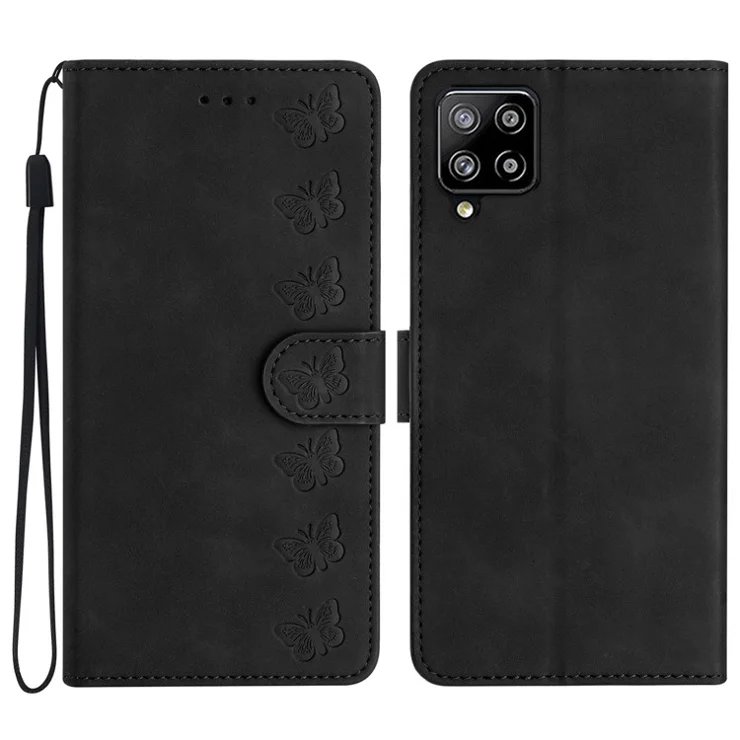 Leather Cover for Samsung Galaxy A42 5G Horizontal Stand Butterfly Imprinted Wallet Flip Case - Black